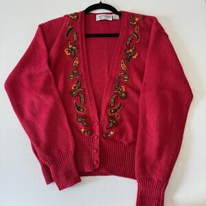 90s Vintage Autograph Red Paisley Embroidered Cardigan sweater | Medium